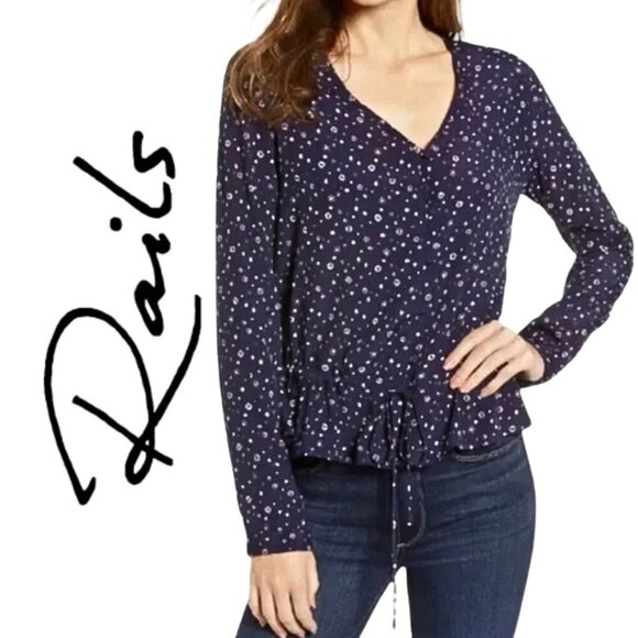 Rails, Beaux Blouse, Navy Foulard Floral Ruffle Button Long Sleeve Peplum Top - Picture 1 of 8